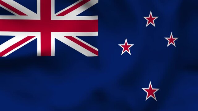 National flag of New Zealand on wavy cloth. Features the blue field, Union Jack, and Southern Cross stars. Professional top-down perspective for Oceania travel and national events.