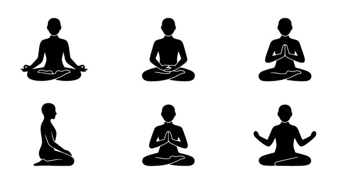 Meditation Poses Vector Icons: Serene Figures in Yoga, Zen, Mindfulness Silhouettes