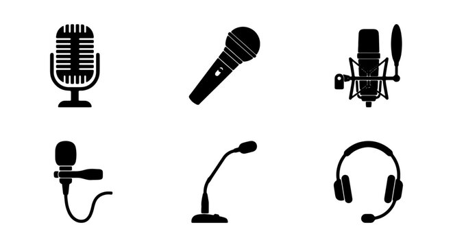 Microphone Icons Set: Vintage, Modern, Lavalier, Studio, Headset, Podcasting