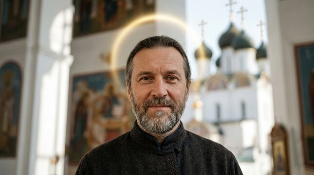 An Orthodox priest with a cross around his neck and a halo effect stands against the backdrop of a blurred image of a church with domes.