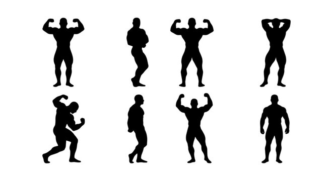 Bodybuilder Silhouettes, Athletic Poses, Fitness Icons, Muscular Figures Vector Set
