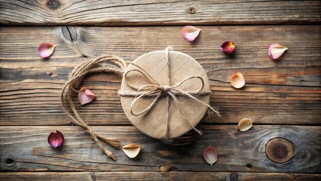 Rustic Charm A Simple Gift Wrapped in Natural Kraft Paper with Delicate Rose Petals on Weathered Wood