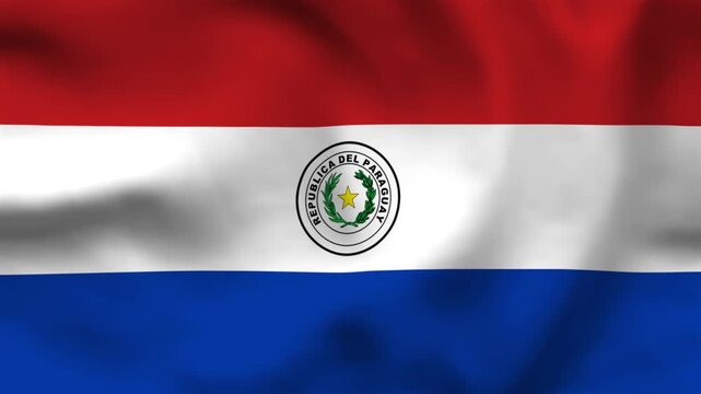 National flag of Paraguay on wavy cloth. Features red, white, and blue horizontal bands with the central emblem. Professional top-down view for national holidays.