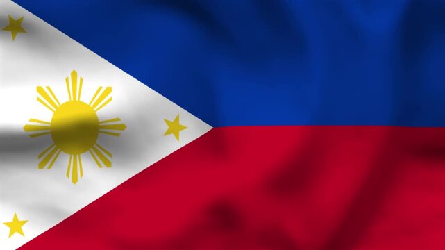 National flag of the Philippines on wavy cloth. Features blue and red bands with a white triangle, sun, and stars. Top-down view for Independence Day and national events.