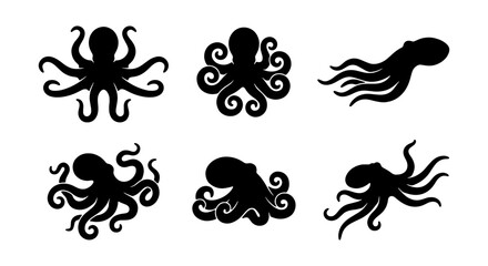 Black Silhouette Octopus Icons, Marine Life Vector Graphics, Underwater Creature Set, Nautical Design Elements © RUBAL