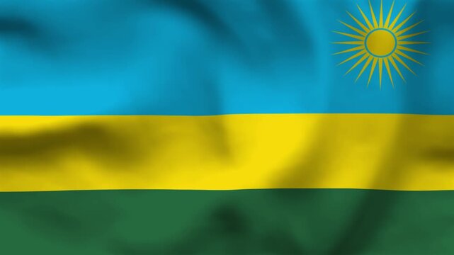 National flag of Rwanda on wavy cloth. Features blue, yellow, and green horizontal bands with a golden sun. Top-down view for African news and national independence day.
