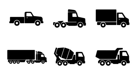 Collection of Six Black Truck Icons: Pickup, Semi, Box Truck, Trailer, Cement Mixer, Dump Truck © RUBAL