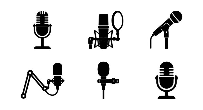 Six Retro and Modern Microphones, Audio Recording Equipment Icons, Podcast Studio Gear Vector Set