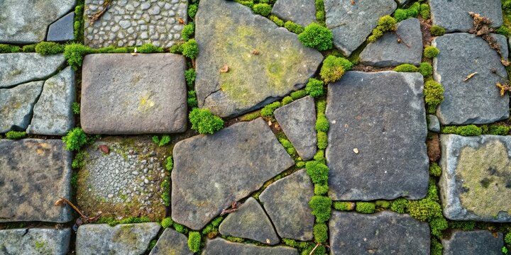 Irregular Stone Pavement with Interstitial Moss Growth Featuring Varied Stone Sizes and Shapes
