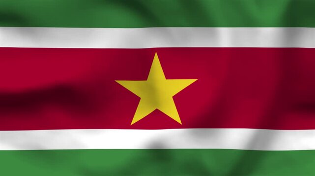 National flag of Suriname on wavy cloth. Features horizontal green and white bands with a red center and gold star. Top-down view for national holidays and South American themes.