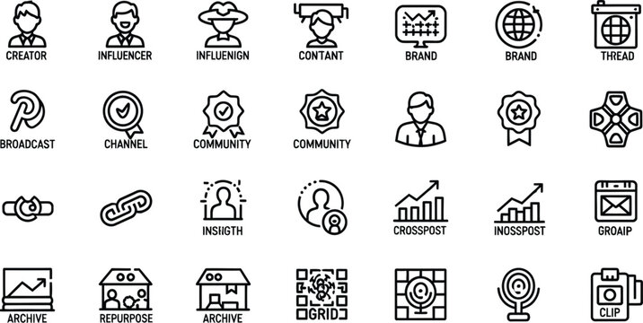 Professional black line icon set for social media strategy featuring content creation digital audience interaction trending stories viral engagement and community symbols