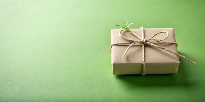 A thoughtfully wrapped gift box sits on a green surface, adorned with a sprig of greenery and tied with natural twine, conveying a message of simple elegance and sustainable gifting.