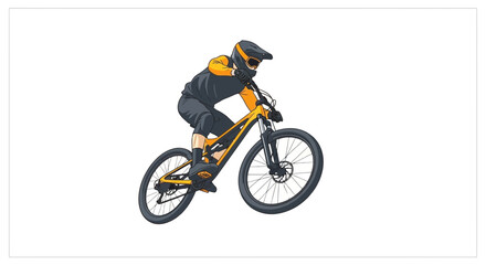 Obraz premium Extreme Downhill Mountain Biker in Action, Jumping with Yellow Bike and Orange Gear