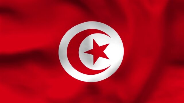 National flag of Tunisia on wavy cloth. Features a red field with a white disk containing a red crescent and star. High-quality top-down view for news and national independence day.