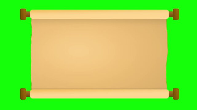 Animated flat cartoon scroll unrolling and rolling up on green screen background with copy space.