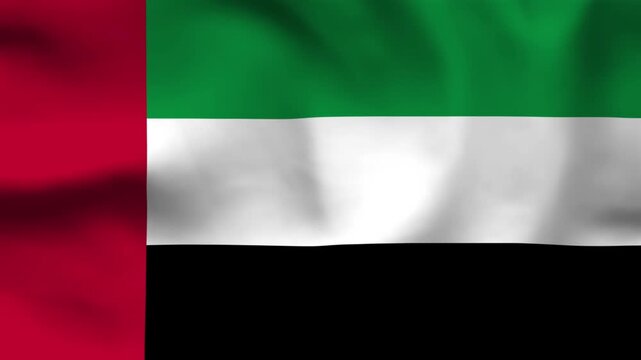 National flag of UAE on wavy cloth. Features vertical red bar with green, white, and black horizontal bands. Professional top-down view for news and national holidays.