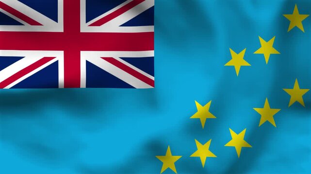 National flag of Tuvalu on wavy cloth. Features a light blue field with the Union Jack and a constellation of nine yellow stars. Top-down view for Oceania travel, news, and independence day themes
