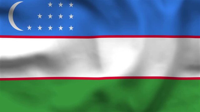 National flag of Uzbekistan on wavy cloth. Features blue, white, and green bands with crescent moon and stars. Top-down view for news and national holidays.