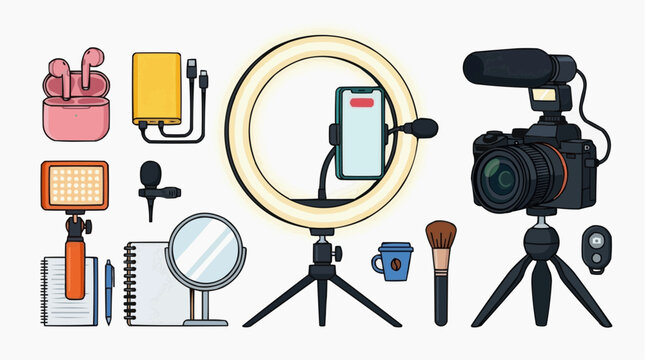 Vlogging and content creation setup with ring light, camera, microphone, and accessories Isolated on white background