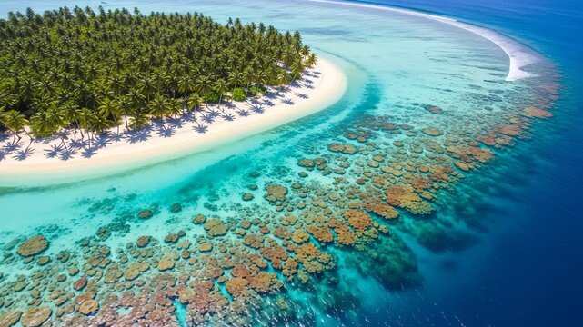 Aerial view of tropical island with pristine beach, coral reef, and turquoise ocean 4K Ai HD high quality video.
