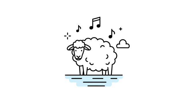 Cute Sheep Singing with Musical Notes and Stars, Whimsical Farm Animal Illustration