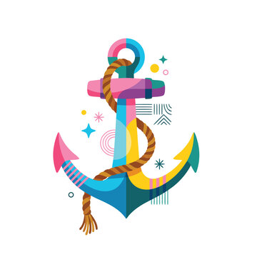 Brightly colored maritime anchor illustration, multi color nautical vector design