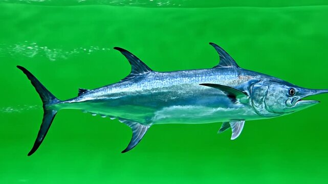 A majestic swordfish swimming gracefully in vibrant green ocean waters.