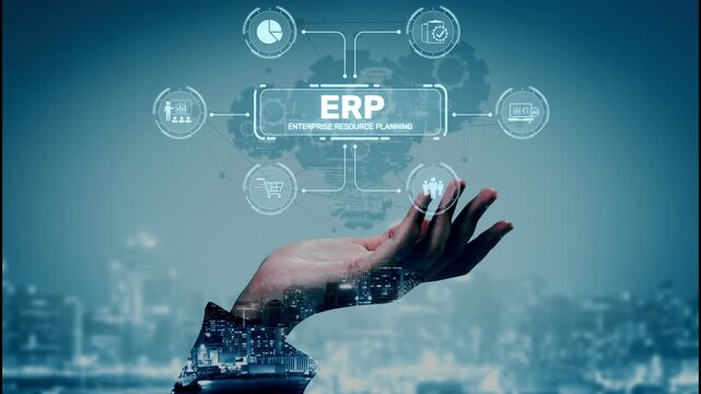 ERP platform visual showing centralized system for enterprise resource planning, improving integration, data flow, business efficiency, finance, inventory, and human resources. Muxer