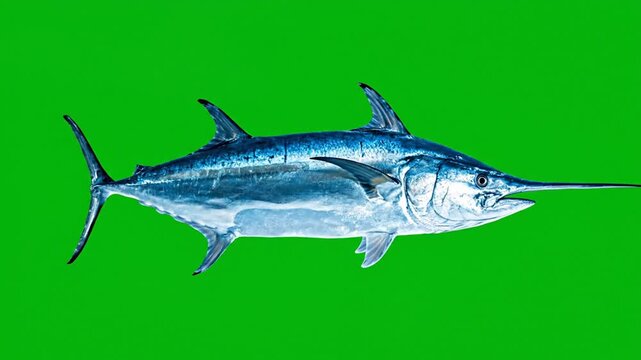 A magnificent swordfish with its distinctive long bill swims against a vibrant green background, showcasing its sleek, powerful form.
