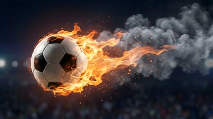 Fototapeta premium Fiery football flying with smoke and flames in a stadium stadium backdrop