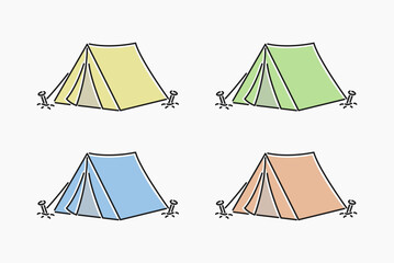 Camping Tents illustration flat line art cartoon. Set of four minimal camping tent. Cute outdoor shelter collection with yellow, green, blue, and beige tents, perfect for camping themes, travel design © Yahya