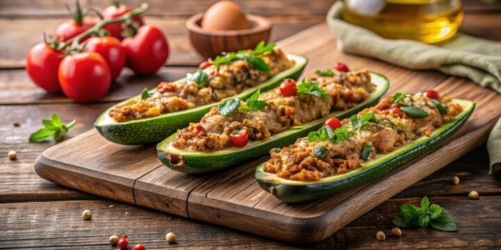 Delicious Stuffed Zucchini Boats with Savory Herb and Cheese Filling on Rustic Wooden Board