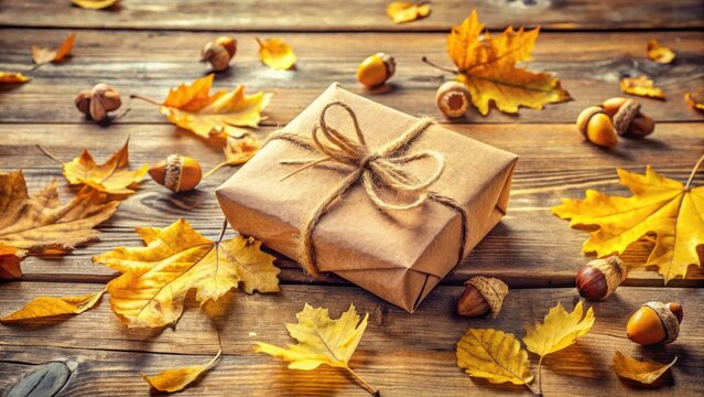 A thoughtfully wrapped autumnal gift rests amidst fallen leaves and acorns on a rustic wooden surface