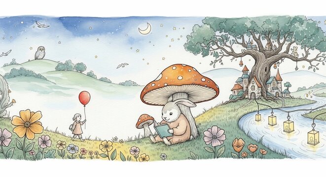 Fantasy watercolor scene with animals