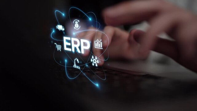 ERP platform visual showing centralized system for enterprise resource planning, improving integration, data flow, business efficiency, finance, inventory, and human resources. Muxer