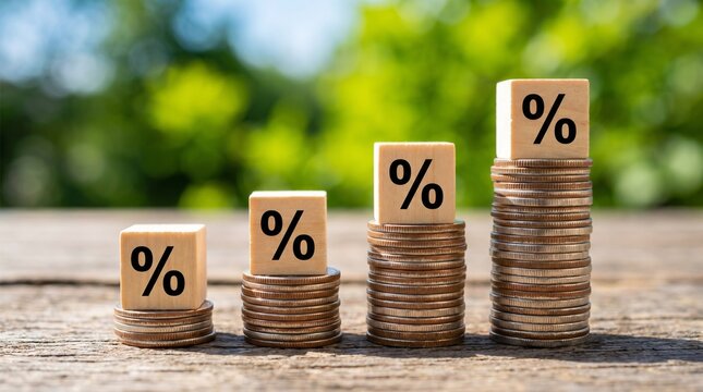 Stacked coins with percentage symbols representing financial growth, savings and interest rate concept featuring investment returns, banking profit and wealth management