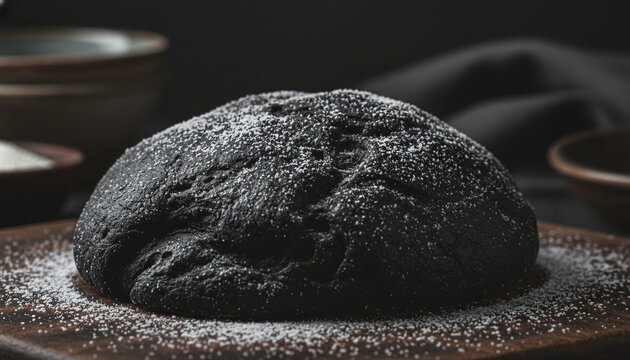 Raw Nero di Seppia squid ink pasta dough texture dusted with white flour