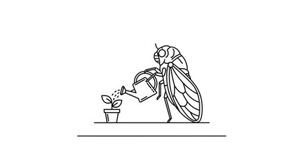 Fototapeta premium Cicada Watering Plant: Whimsical Insect Caring for Seedling in Pot