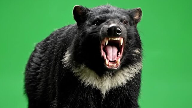 A fierce black bear with a white V-shaped chest mark roars aggressively against a vibrant green background, displaying its sharp teeth and fangs.