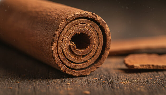 True Ceylon cinnamon quill cross section with paper thin rolled bark layers