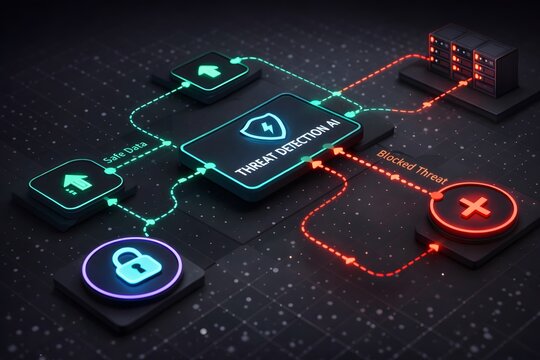 Threat detection AI interface in blue and red neon isometric style, visualizing cybersecurity data flow, blocked attacks, and secure server protection systems.