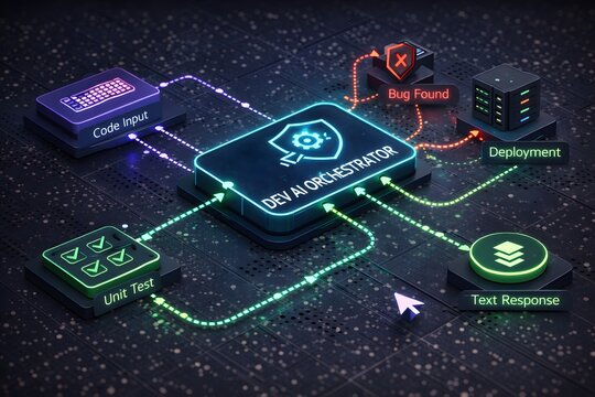 Developer AI orchestrator dashboard with neon cyan and green glow, isometric 3D interface connecting code input, testing, deployment, and automated workflows.