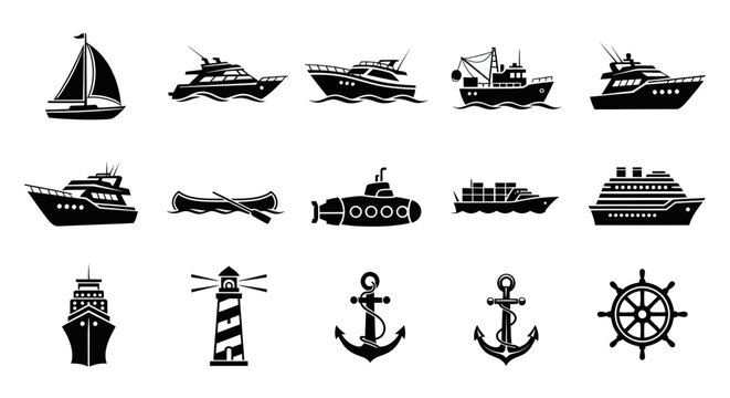 Nautical Icons: Set of Ships, Boats, Lighthouse, Anchor, and Ship Wheel