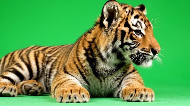 A young tiger cub with orange and black stripes resting calmly on a vibrant green background, looking to the right.