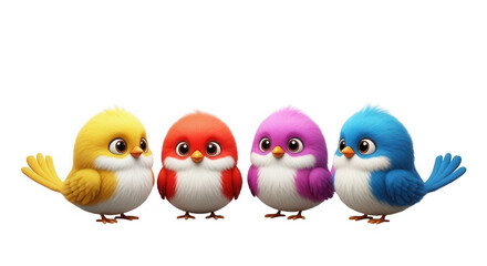 Naklejka premium Four cute colorful small birds standing together in a row isolated on transparent background