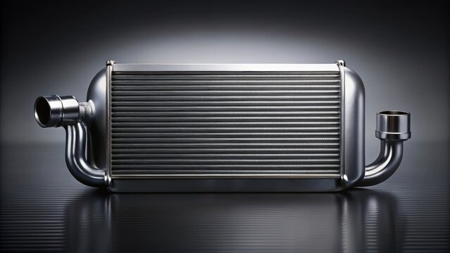 Sleek metallic automotive intercooler component, precision-engineered for optimal performance and efficient heat dissipation, displayed against a dark reflective surface.
