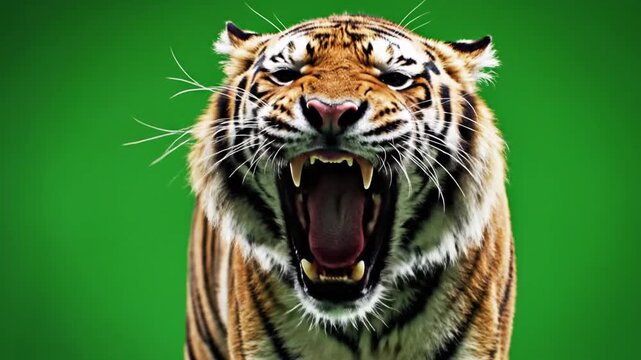 A powerful Bengal tiger with its mouth wide open, roaring fiercely, showcasing its sharp teeth and fangs against a vibrant green background.