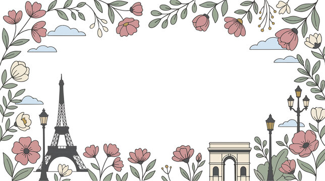 Paris Floral Frame Illustration with Eiffel Tower and Arc de Triomphe in Romantic Pastel Line Art Style, Elegant Wedding Invitation Background with Copyspace