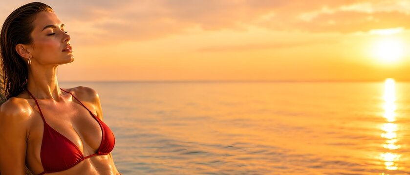Beautiful young woman in red bikini relaxing by the ocean at sunset, serene summer vacation and luxury wellness concept banner with copy space