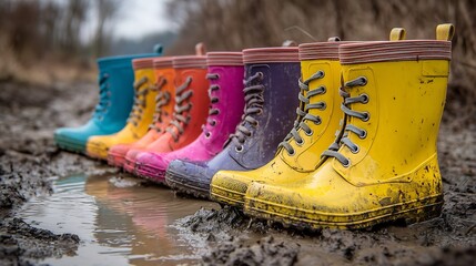 Colorful rain boots in muddy outdoor setting, playful rainy day concept with cheerful waterproof footwear photography